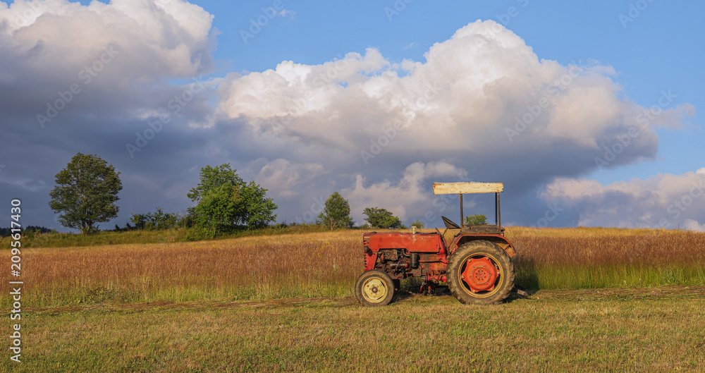 Obraz premium Old red tractor in a sunlit rural field beneath dramatic summer clouds, representing traditional agriculture, countryside work, changing weather and seasonal land management.