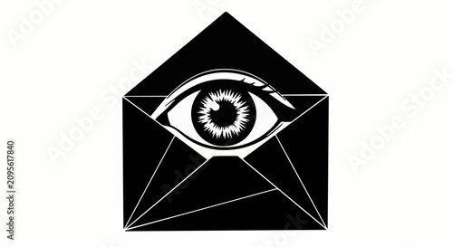 Open envelope reveals watchful eye, symbolizing surveillance and secret communication.