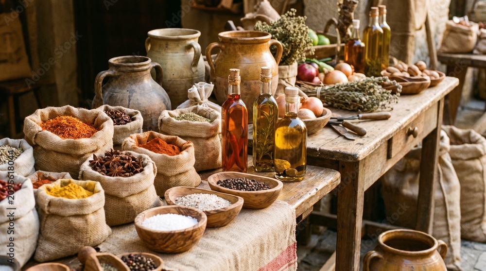 Fototapeta premium Market stall display of sacks spices herbs oils and ceramics on wooden table in rustic open market scene with natural light and earthy tones