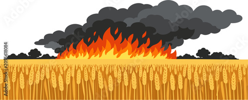 Tableau sur toile Panoramic Wildfire Burning Golden Wheat Field with Black Smoke Clouds and Distan