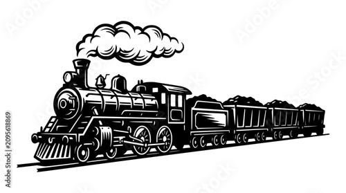 Vintage Steam Train with Coal Cars, Black and White Illustration