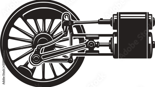 Fotografie Vintage Steam Engine Piston and Wheel Mechanism - Black and White Vector Illustr