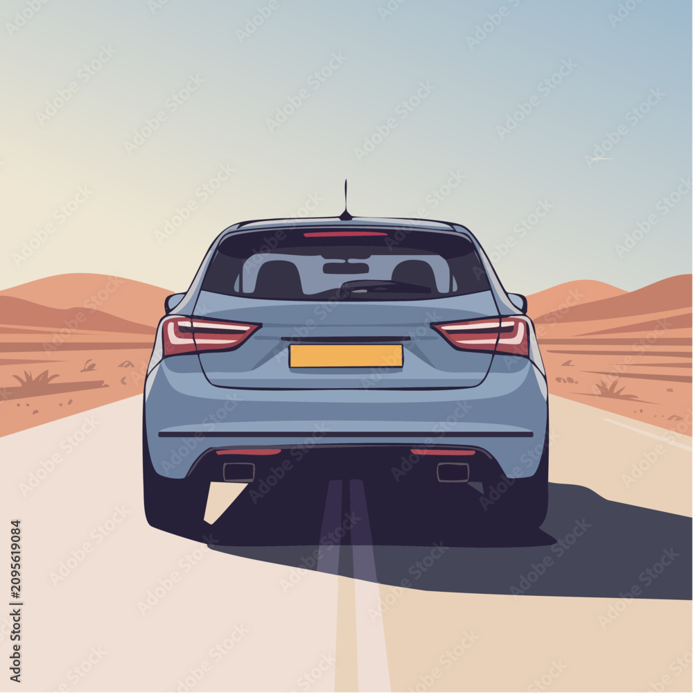 Obraz premium Blue SUV driving down desert highway.