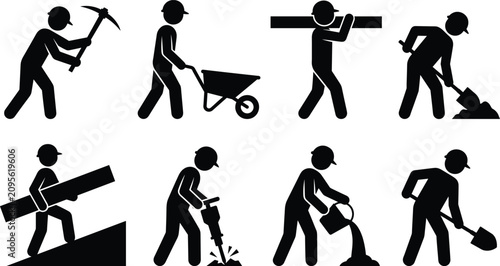 Принти на полотні Construction worker stick figure icons, builder men working with tools vector il