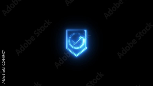 Animated blue neon checkmark shield icon glowing on black background, security concept.