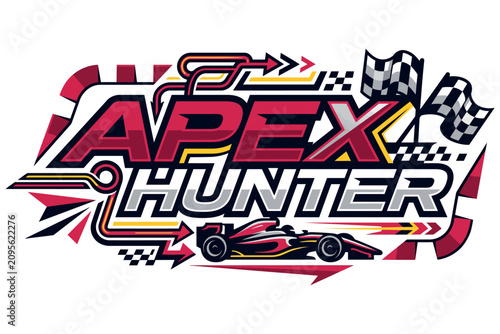 Racing Car Apex Hunter Logo with Flags and Track Elements in Dynamic Bold Style