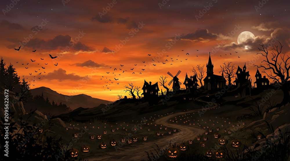 Obraz premium Spooky halloween background haunted village with jack o' lanterns and full moon