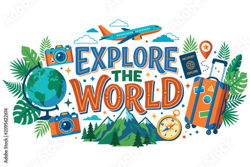 Explore the world with travel elements and lush foliage during daytime bright illumination concept
