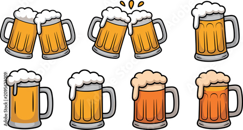 Konstfotografi Foamy beer mugs clinking collection vector icons set featuring traditional lager