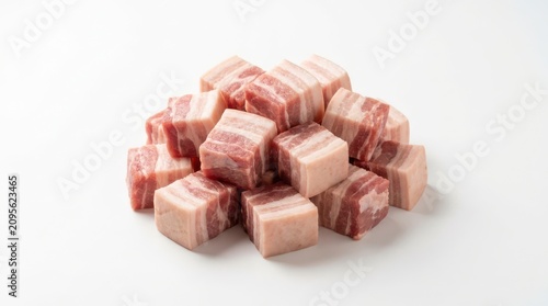 Fresh raw pork belly cubes pieces with ingredients, nutrition