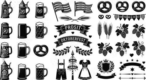 Fotografía Oktoberfest celebration black vector silhouettes set with beer mugs pretzels hop