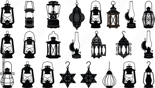 Bild auf Leinwand Vintage lantern and antique oil lamp black vector silhouettes collection for rus