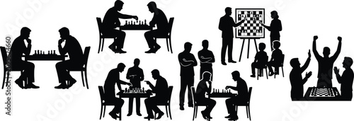 Canvas Print Chess player silhouette vector set with people playing game tournament and grand