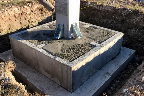 Fotografie Freshly poured concrete footing with steel connectors supporting a precast colum