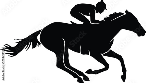 Foto Black and white vector illustration of a jockey riding a fast racing horse in mo