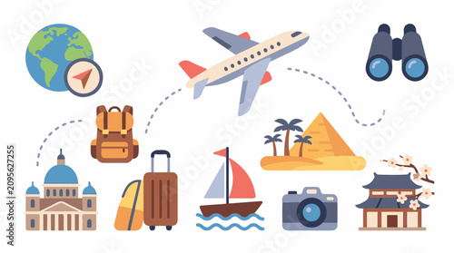 Colorful travel icons depicting a journey around the world