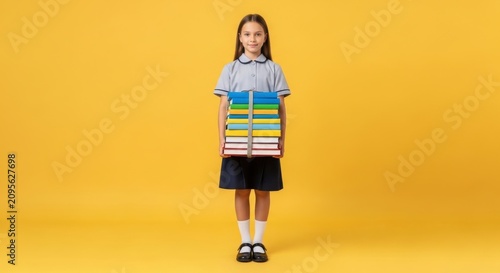Schoolgirl holding a stack of colorful books against a yellow background