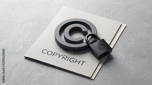 Copyright symbol with a padlock on a paper document representing intellectual property protection with security