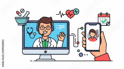 A cartoon illustration of a doctor in a video call on a computer and a smartphone