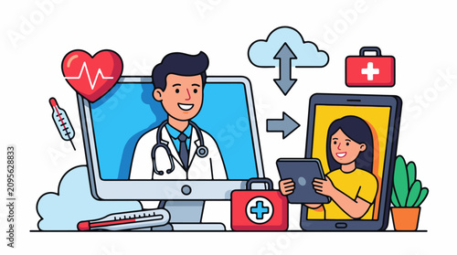 A cartoon illustration of a doctor on a computer screen and a patient on a mobile device