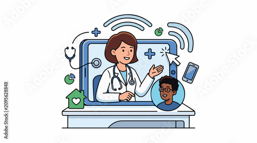A cartoon doctor with a stethoscope interacts with a patient through a large computer