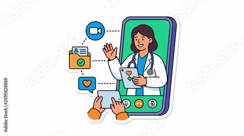A cartoon doctor on a phone screen waving at a person holding a tablet with icons representing a telemedicine consultati