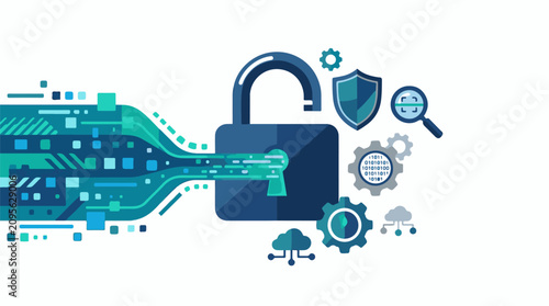 A blue padlock with a keyhole surrounded by various icons representing data security and protection on a white backgroun