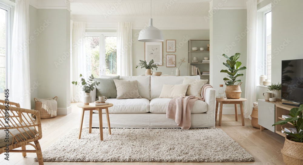 Fototapeta premium A bright Scandinavian Hygge living room with a touch of soft color. Walls painted in a very pale, muted sage green. A white sofa, light wood side tables, and a soft, shaggy rug in an oatmeal tone. 