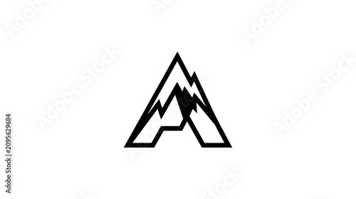 A minimalist graphic design featuring a stylized mountain peak shaped like a capital letter