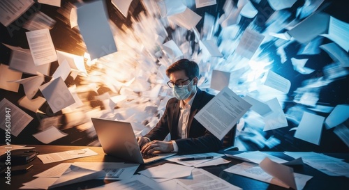 Stressed businessman wearing a face mask working on a laptop amidst flying papers