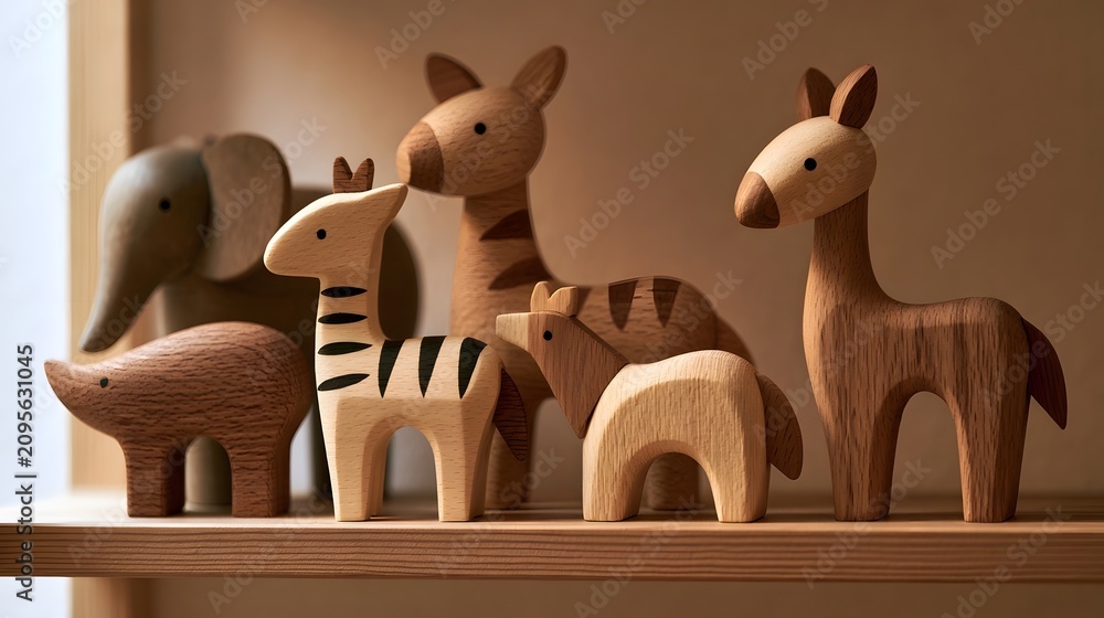 Obraz premium A collection of handcrafted wooden animal figurines arranged neatly on a light wood shelf under soft warm lighting