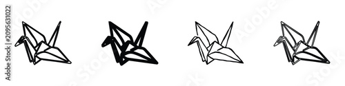 A collection of four minimalist black and white line drawings representing the traditional Japanese paper folding art of the crane