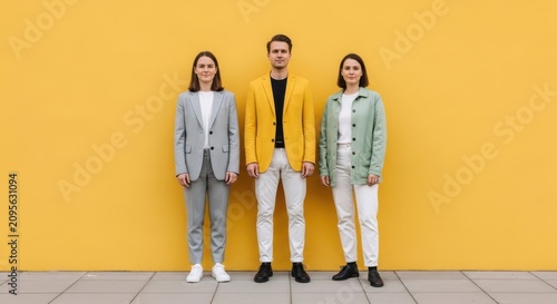Three young business professionals standing in front of a bright yellow wall