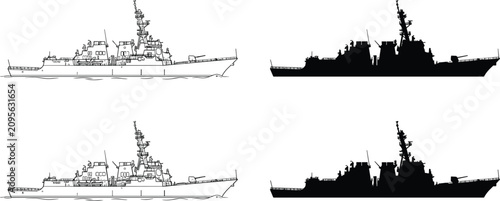 Foto Naval Warship Icon Set featuring Detailed Outline Line Art and Solid Black Silho