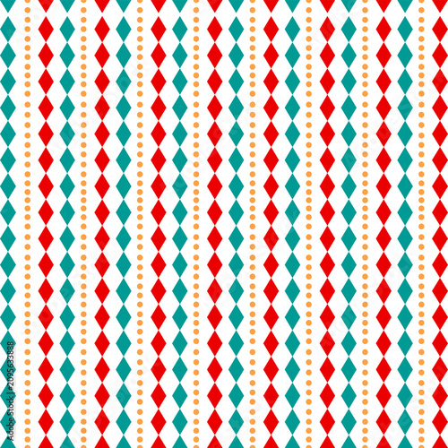 Festive seamless pattern featuring vertical harlequin diamond stripes in red and teal. Perfect for Christmas fabric, gift wrap, textiles, wallpaper, and holiday crafts.