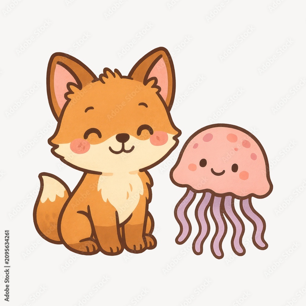 Fototapeta premium Cute cartoon fox jellyfish illustration.