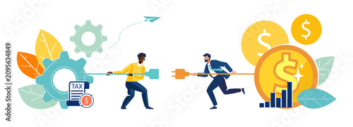 Konstfotografi Two businessmen running towards each other with electric plug and socket to create more tax and financial profitability energy