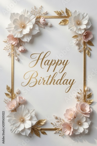 Elegant Happy Birthday Card With Gold Frame, White and Pink Floral Arrangement for Celebration