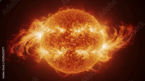 ia generated cosmic view of a burning sun with powerful magnetic field loops and plasma coronal mass ejections, isolated on a black background. Futuristic solar storm illustration.