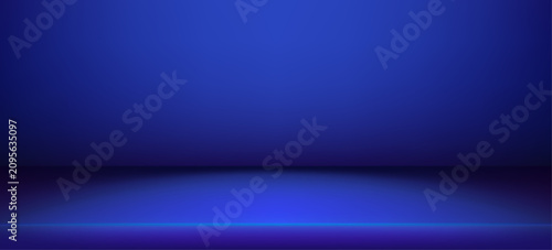 Blue bg gradient studio room with empty podium stage. Vector 3D abstract background featuring deep navy tones, elegant platform space for modern product presentation