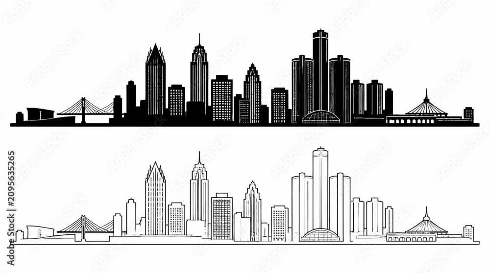 Obraz premium Detroit Skyline City Silhouette in Black and White Outline