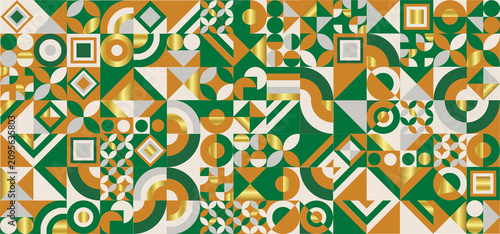 geometric motif design featuring a Bauhaus-inspired pattern with metallic gold accents.
