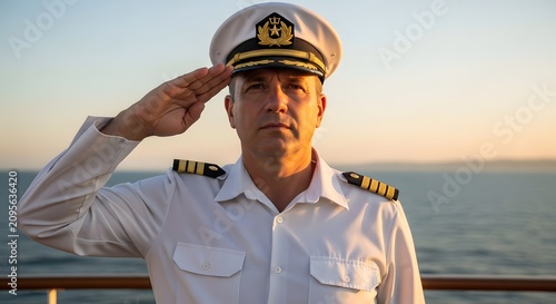 Male ship captain in white uniform saluting