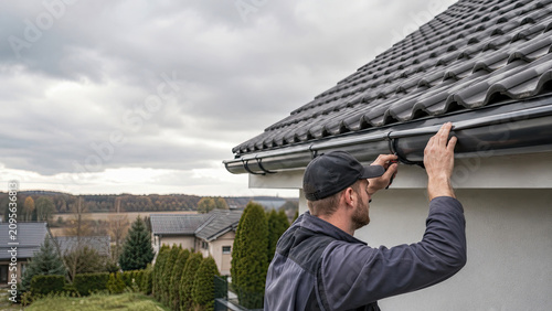 Professional worker installing or repairing black metal gutters on modern residential house roof against cloudy sky background in suburban setting during daytime