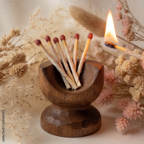  Artisanal matches with hand-twisted paper stems in a handcrafted wooden holder. Warm candlelight highlights the organic texture of paper and wood grain. A single lit match casts a soft glow on surrou