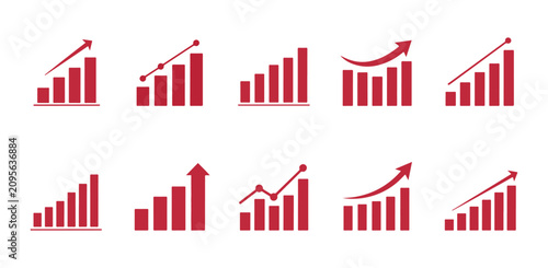 Set of red bar graph icons showing business growth and positive data trends for financial reporting and analysis with business