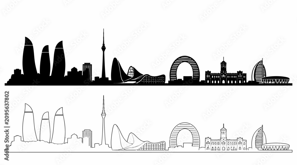 Obraz premium Baku city skyline silhouette vector illustration, modern urban landscape