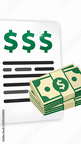 Stack of green banknotes with dollar sign document.