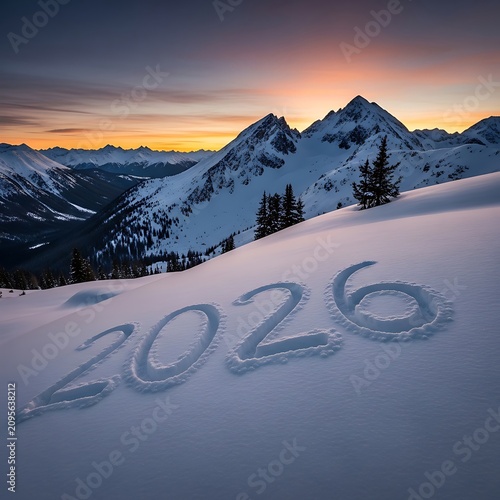 Snowy mountain peak at sunrise with 2020 text overlay.