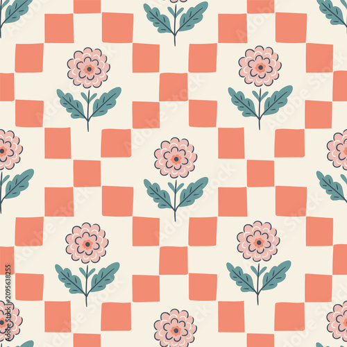 vector traditional folk floral seamless pattern. Decorative rose flowers in checkered rhombus on light beige background. Heritage country floral fabric or wallpaper design